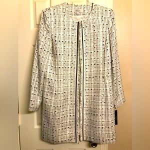 NWT Tahari ASL Long Topper Jacket in Black & White Boucle. Size 14.
